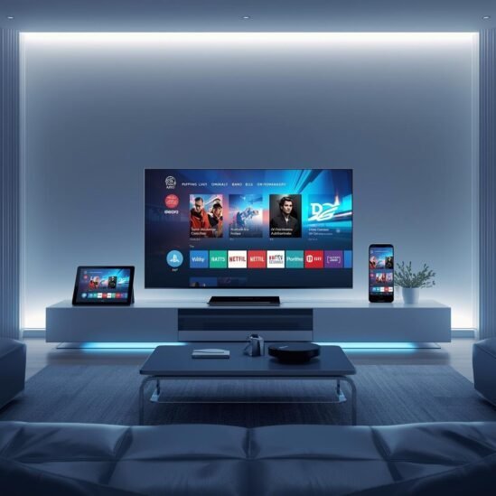 Atlas Pro présenté sur une télévision, une tablette et un smartphone dans un salon